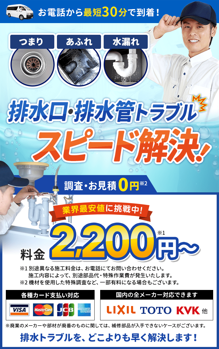 お電話から最短30分で到着。つまり、あふれ、水漏れなどの排水口・排水管トラブルスピード解決。料金2,200円から。