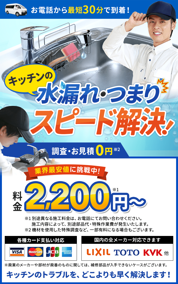 お電話から最短30分で到着。キッチンの水漏れ・つまりスピード解決。料金2,200円から。