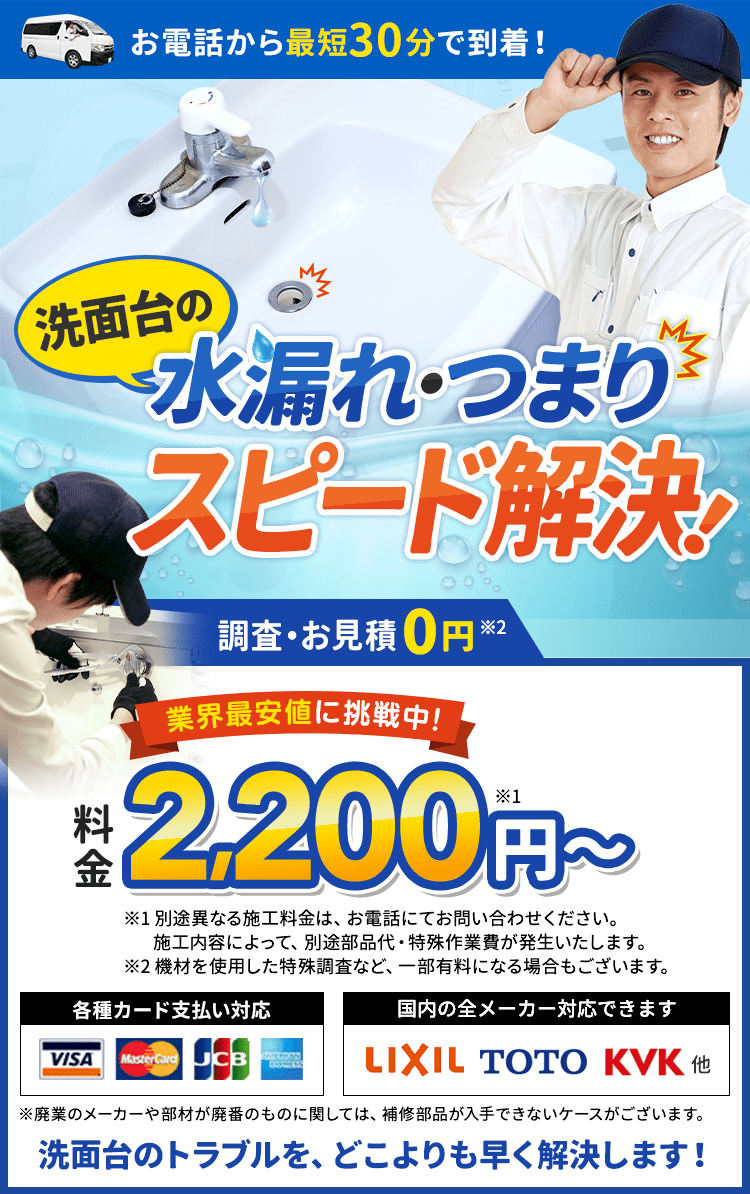 お電話から最短30分で到着。洗面台の水漏れ・つまり、スピード解決。料金2,200円から。