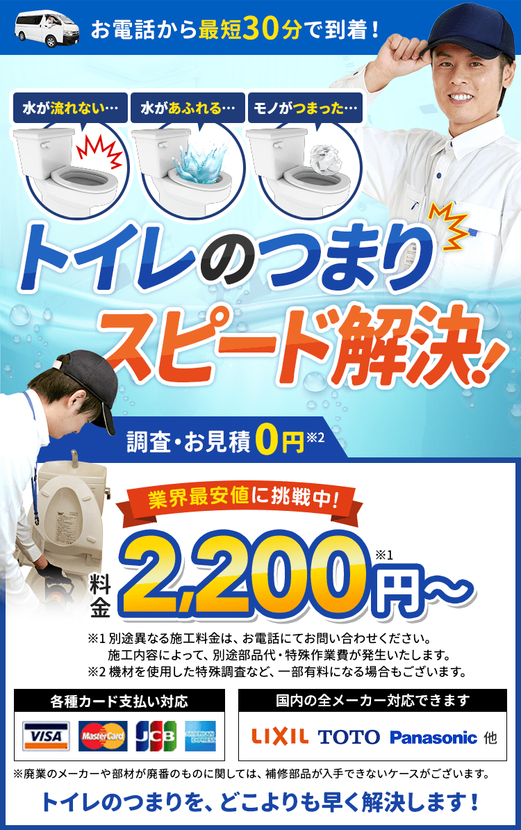 お電話から最短30分で到着。水が流れない…水があふれる…モノがつまった…トイレのつまりスピード解決。料金2,200円から。